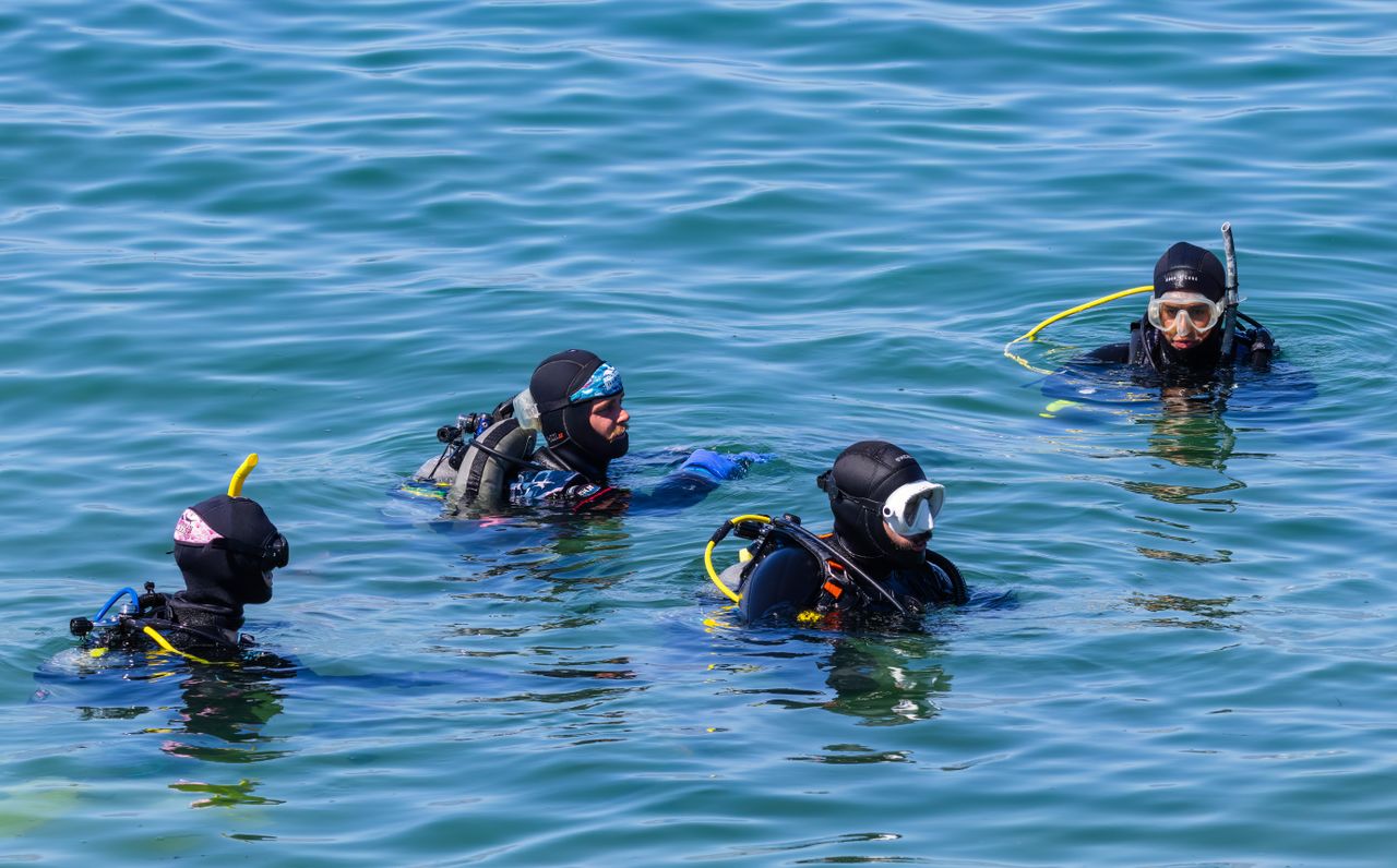 A group of four scuba divers in wetsuits on the ocean surface preparing for a dive.